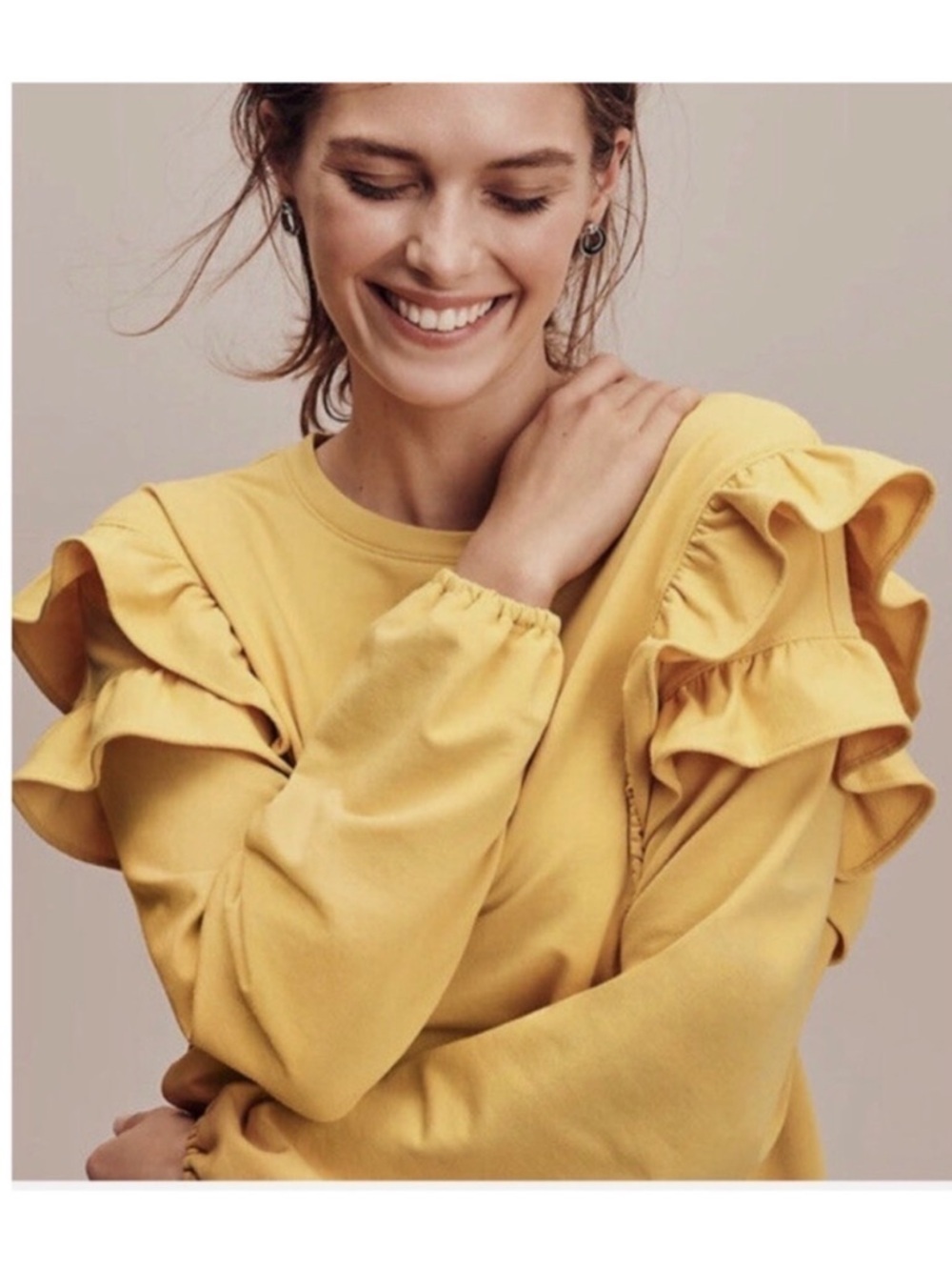Ann Taylor Petite Mustard Ruffle Sweatshirt XSP Yellow Long Sleeve Top - Picture 3 of 7